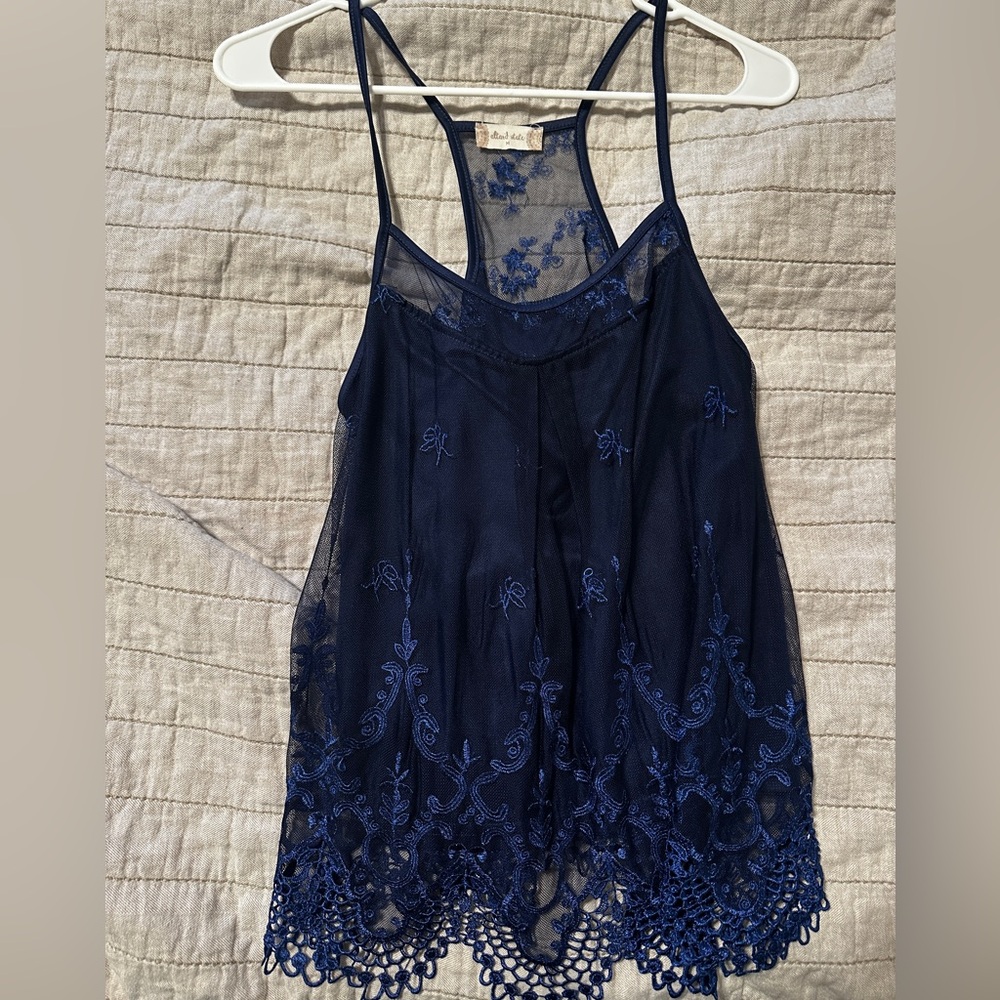 Altar'd State Navy Sheer Embroidered Top